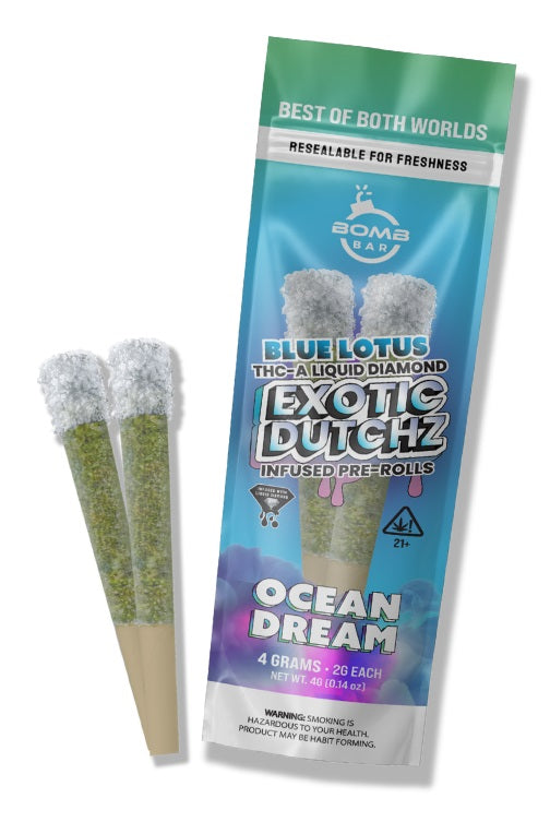 Bomb Bar Blue Lotus Exotic Dutchz THCA Diamond Dipped Prerolls | 2 x 2 Grams | 10 Count Display