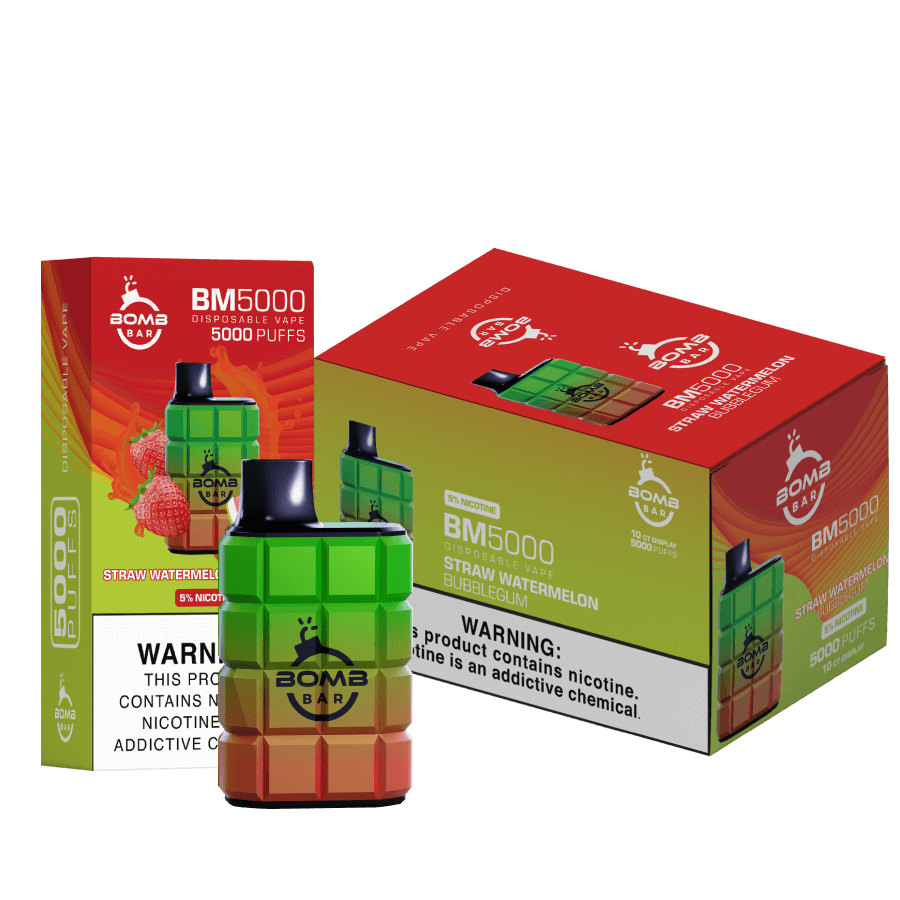 Bomb Bar BM5000 Disposable | 5% Nicotine | 5000 Puffs | 10 Count Display  | Straw Watermelon Bubblegum