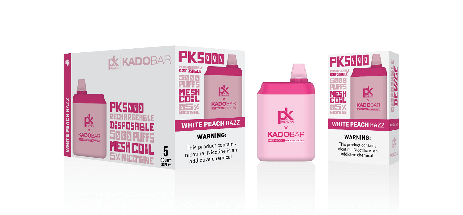 PK Brands X Kadobar PK5000 Disposable | 5% Nicotine | 5000 Puffs | 5 Count Display | White Peach Razz